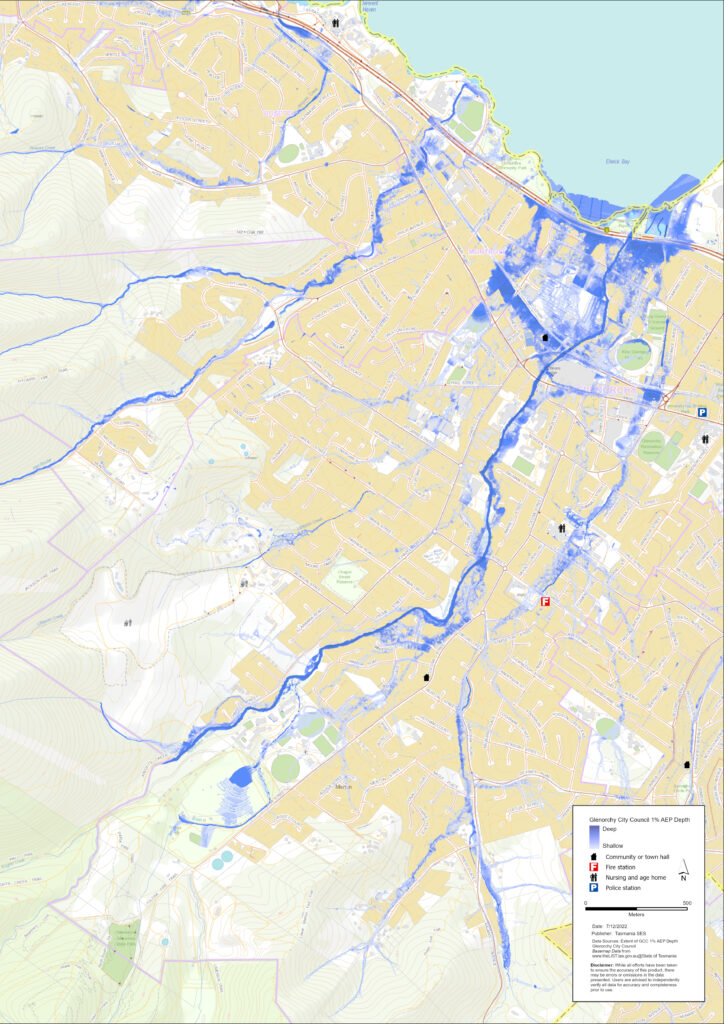 Glenorchy flood map showing 1pc Annual Exceedance probability inundation - see Glenorchy city webmapping for more details