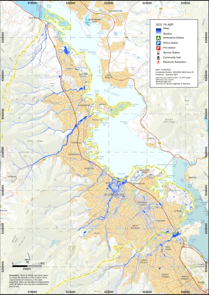 Overview of flood prone areas from New Town Rivulet to the Bridgewater Bridge