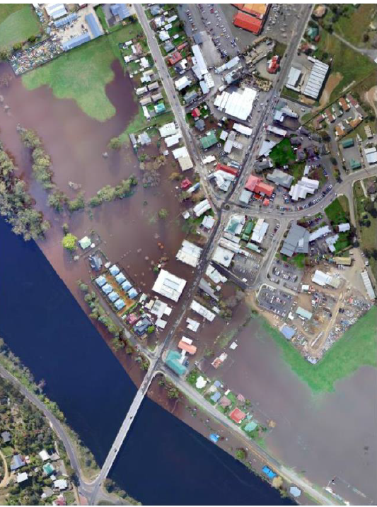 Aerial image of flooding in Huonville 2016. Source: Huon Valley Council