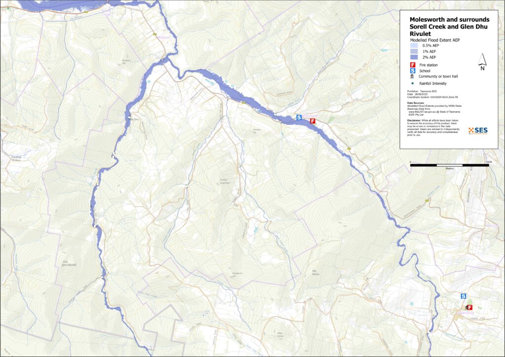 Molesworth and surrounds flood map overview - Sorell Creek and Glen Dhu Rivulet